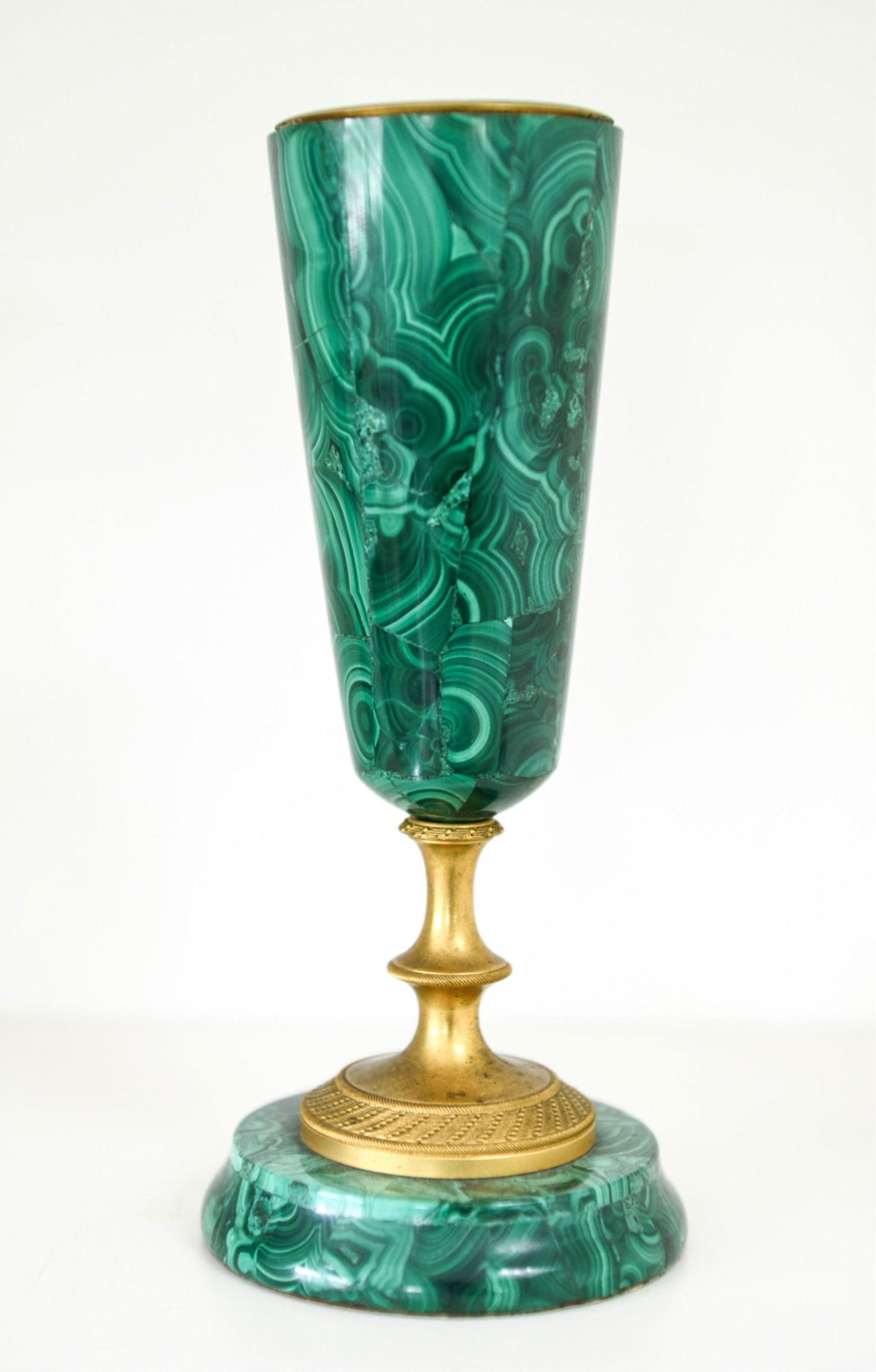 ANTIQUE MALACHITE AND ORMOLU CHALICE: Apparently unmarked Dimensions: H 7" x Dia. 3" Condition: Few surface scratches and the brass with some surface tarnishing