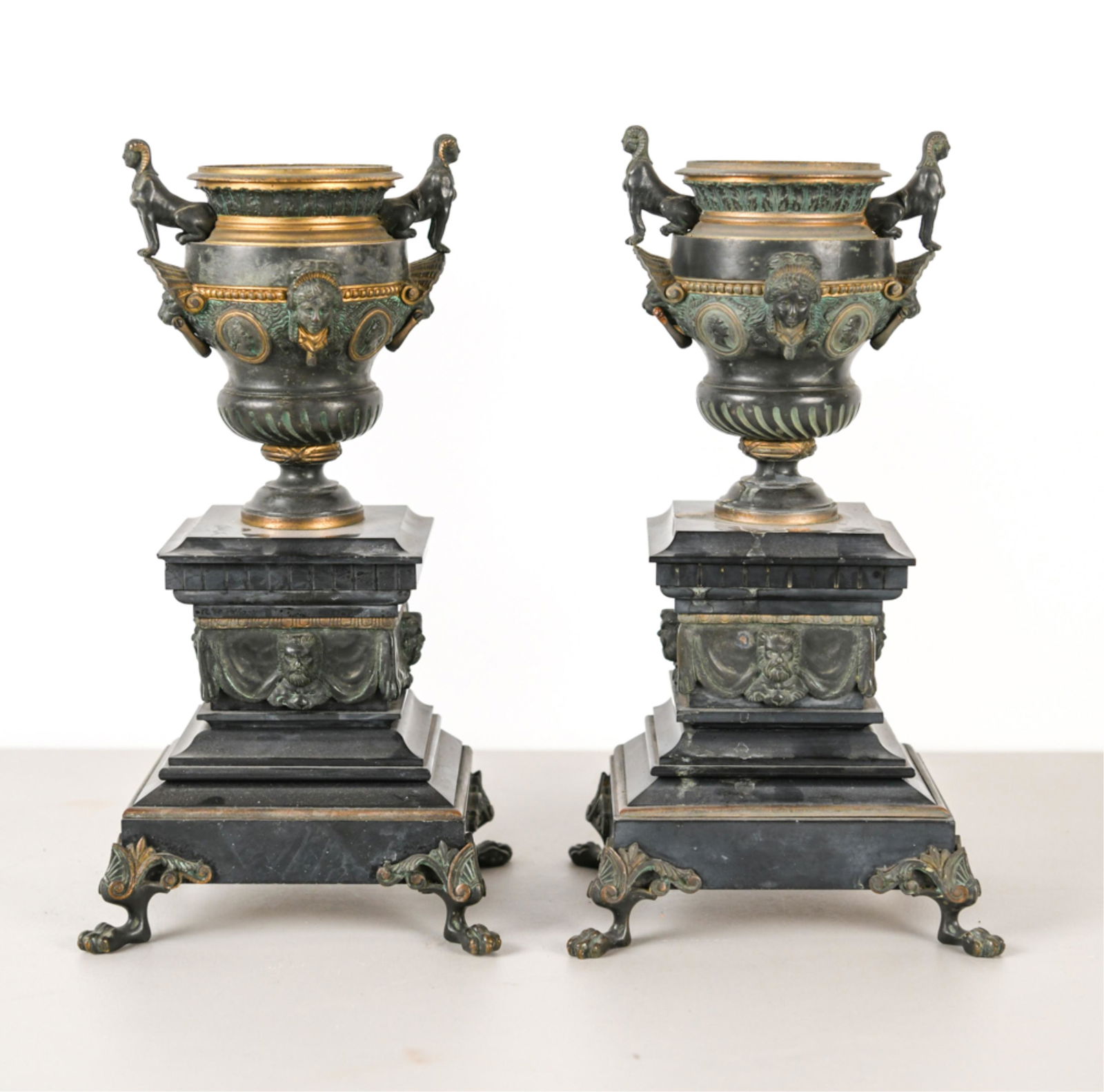 PAIR OF MARBLE MOUNTED BRONZE URNS (1 of 15)