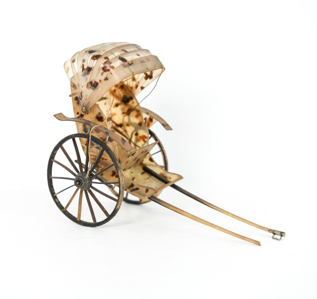 ANTIQUE CHINESE MINIATURE RICKSHAW: Dimensions: H 5.5" x W 3" x D 7" Condition: Antique wear consistent with age. Breaks to string. Some loss including loss to end of one pole.