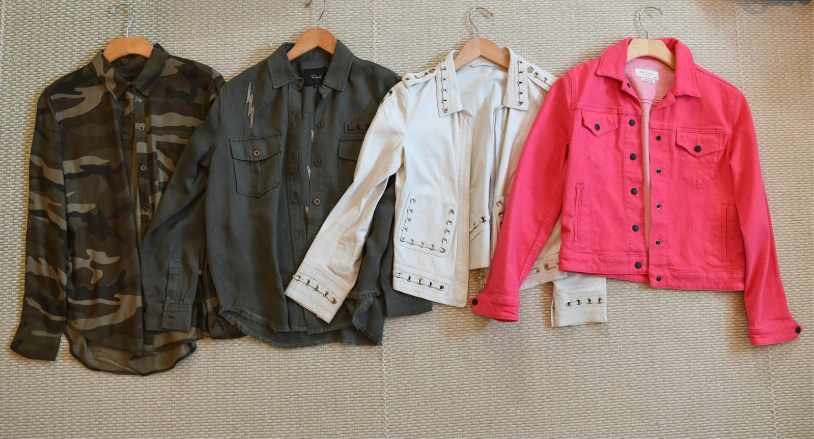 (4) LADIES DESIGNER JACKETS/TOPS: Including Rag and Bone hot pink denim (XS), Shari's place, made in France by Sylvie Schimmel white lamb leather (38), (2) Rails (Small) army green tops. Condition: Used, showing normal signs of use.