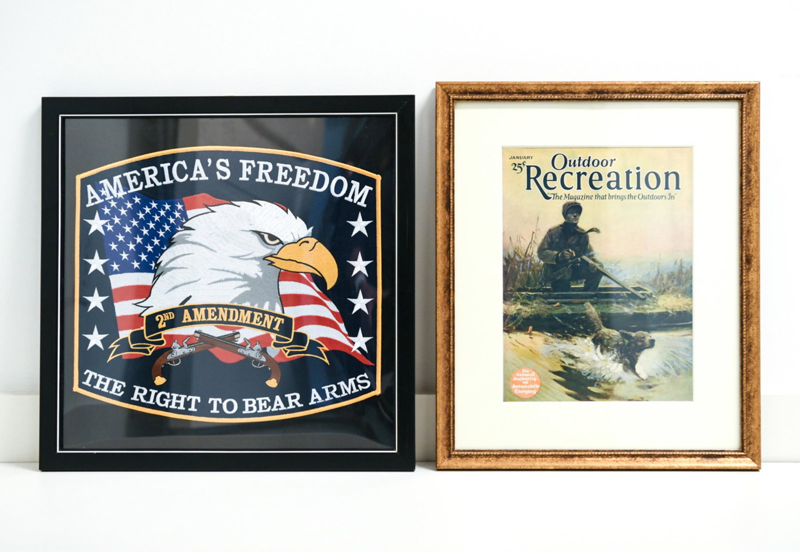 2ND AMENDMENT PATCH PLUS ANTIQUE MAGAZINE COVER: Oversized machine embroidered patch and reproduction print. Dimensions: (Largest frame) H 14.5" x W 14.5" Condition: No issues to note.