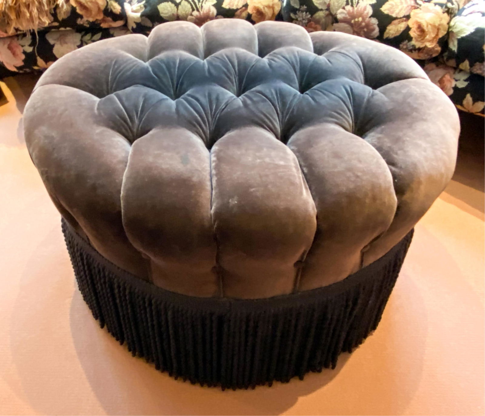 SUEDE BUTTON TUFTED POUF OTTOMAN (1 of 4)