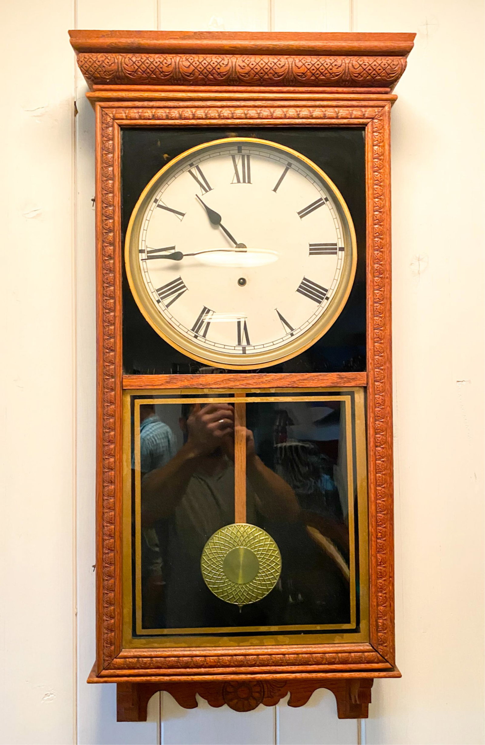 WALL CLOCK: Dimensions: H 38.5" x W 15" x D 4.5" Condition: In working condition.