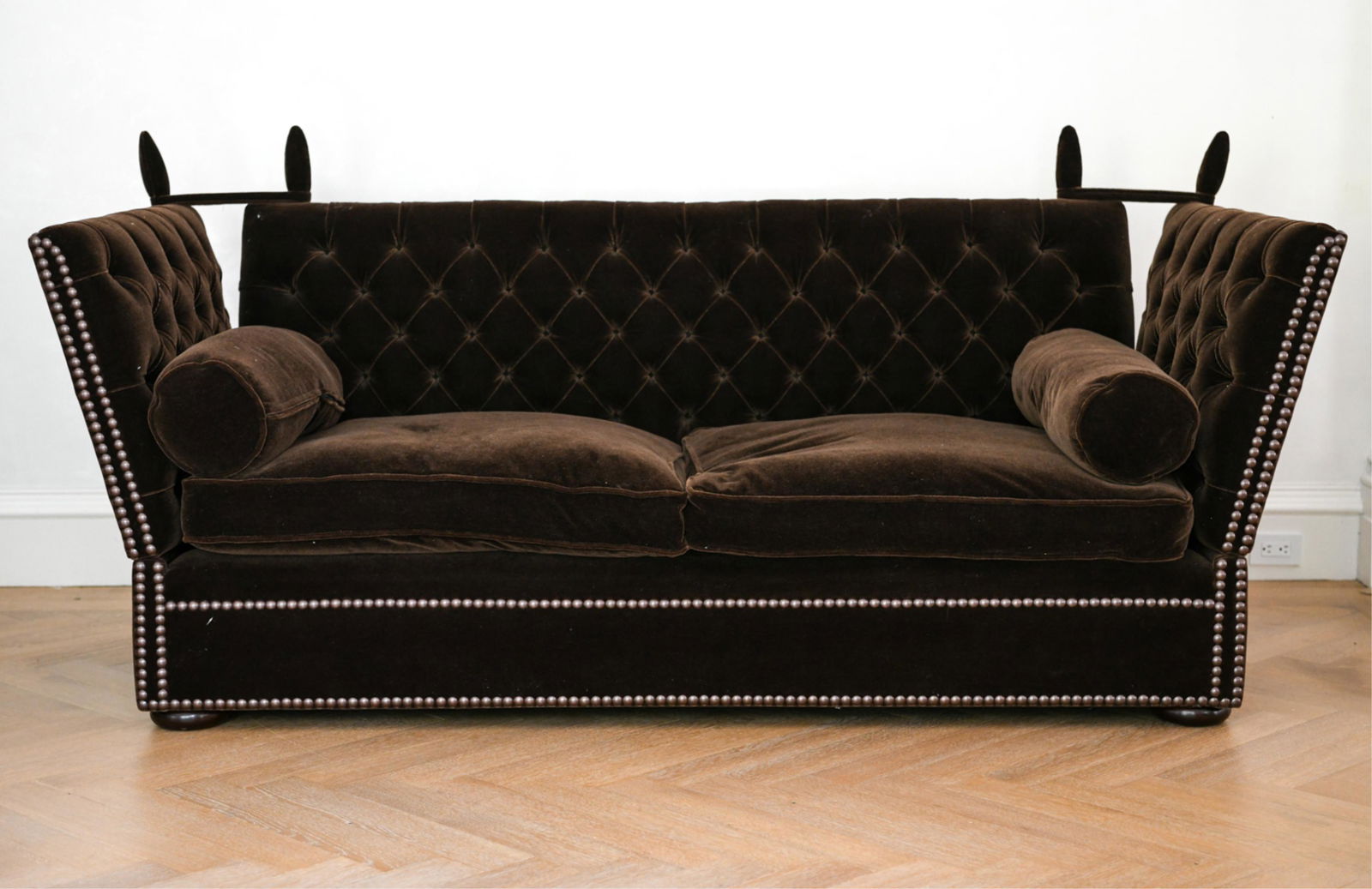 GEORGE SMITH SOFA: Tufted and tacked upholstery, with drop sides. Labeled under cushion: George Smith. Dimensions: H 42.5" x W 90" x D 39.5" x SH 17" Condition: Lightly used, upholstery could use light cleaning.