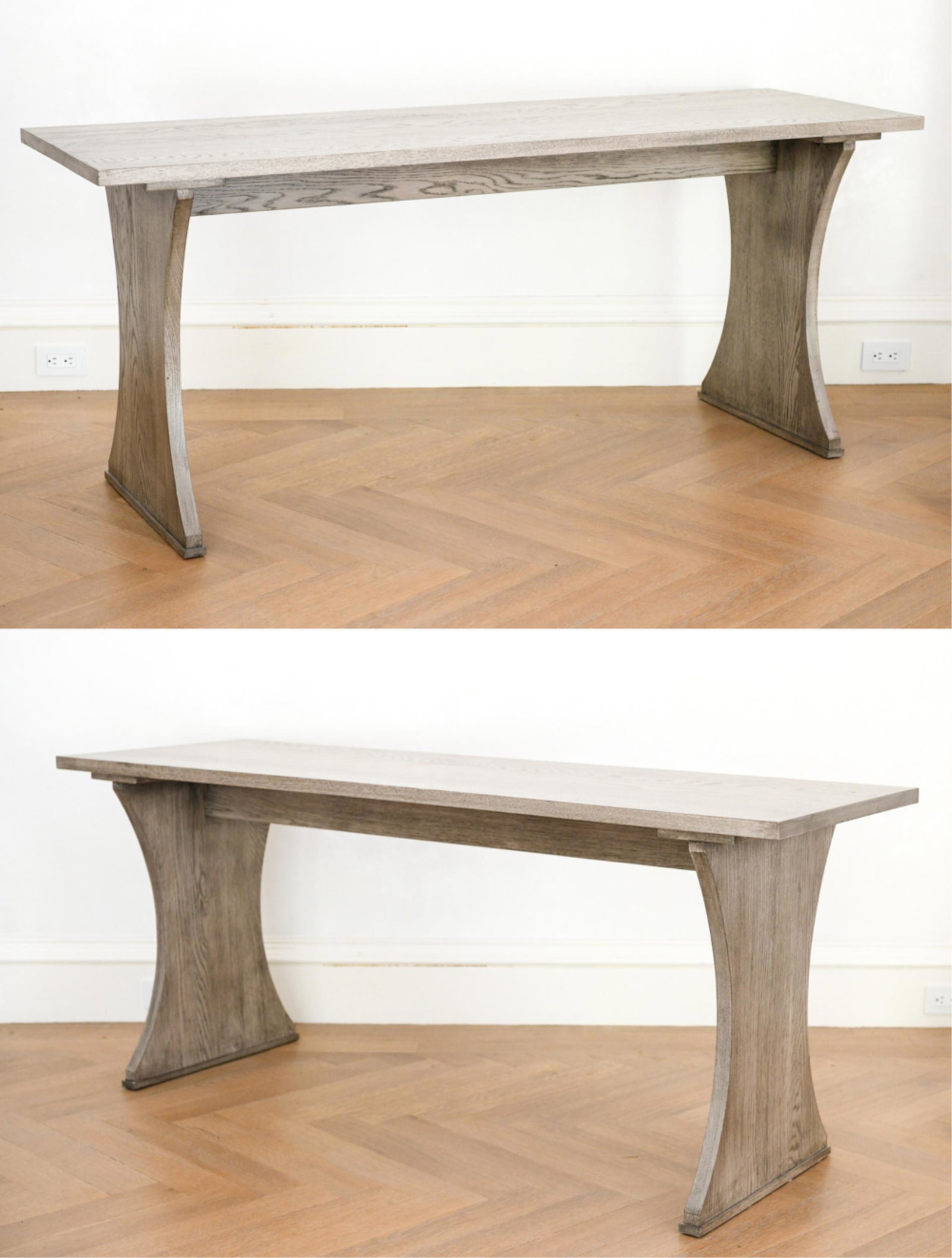 PAIR OF CUSTOM CERUSED OAK CONSOLE TABLES: Dimensions: H 30" x W 72" x D 23" Condition: Light surface wear.