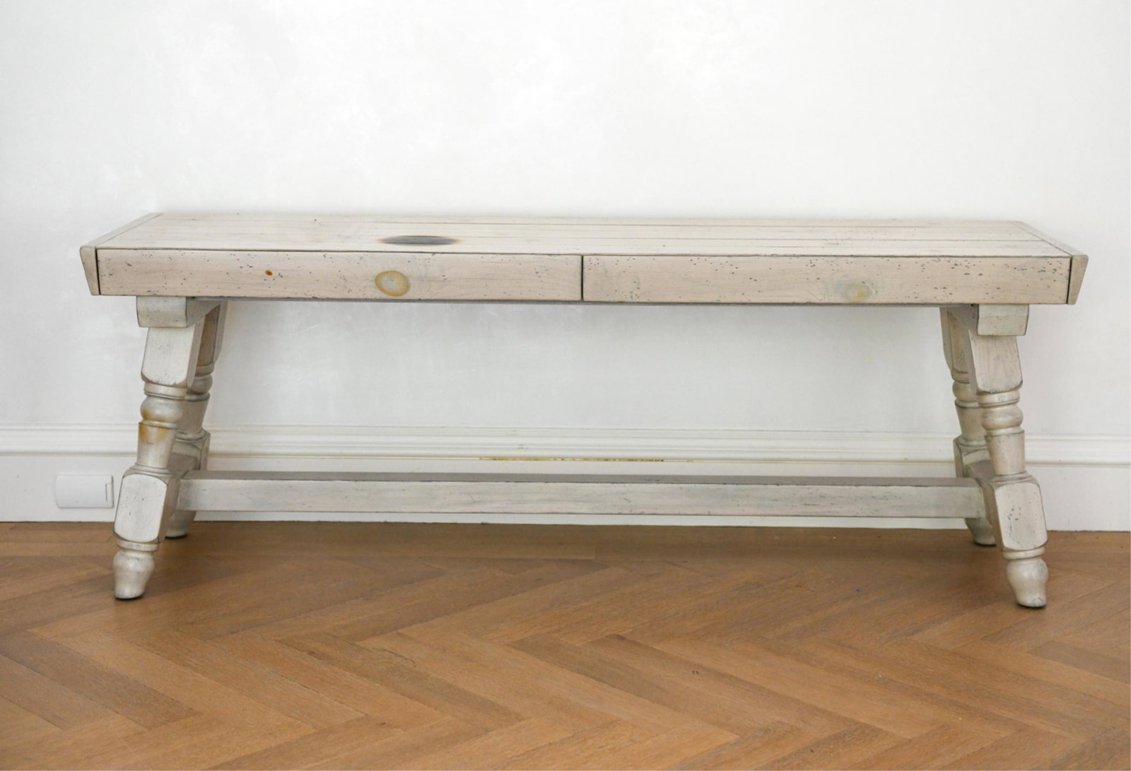 CONSOLE TABLE: Contemporary. Dimensions: H 29.5" x W 78" x D 23.25" Condition: Large burn mark to top. Wear consistent with use. Velcro adhered to back of stretcher.