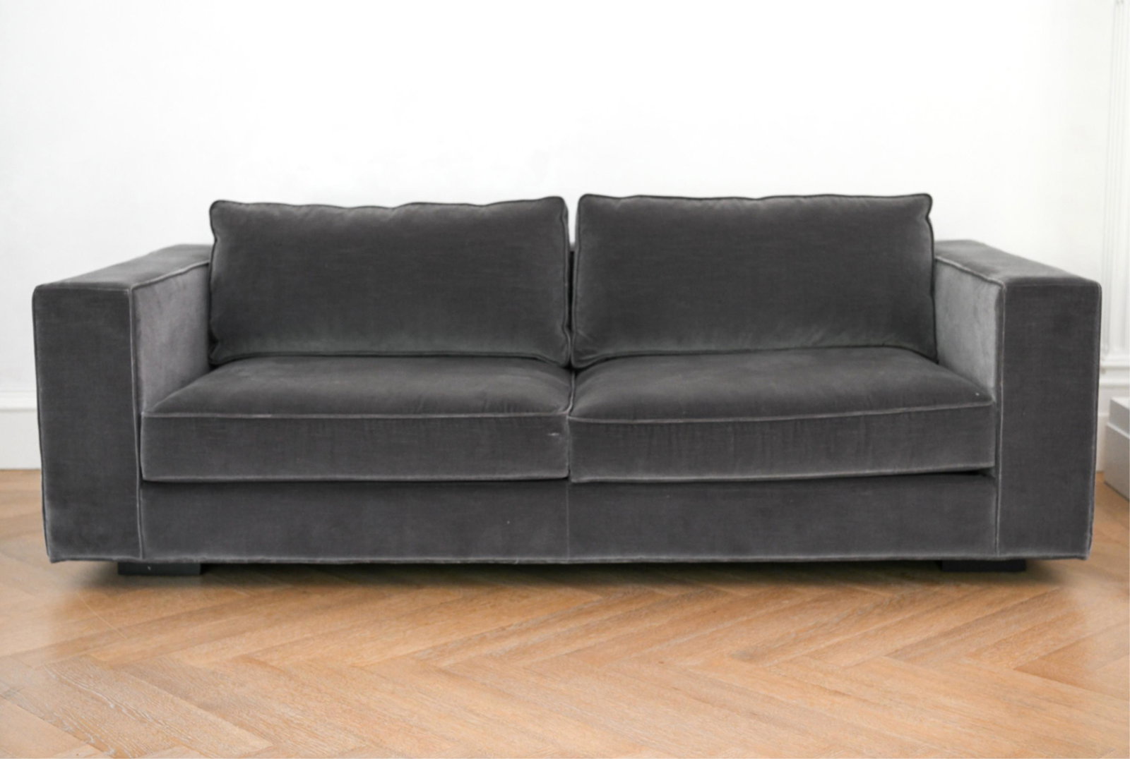 RESTORATION HARDWARE UPHOLSTERED SOFA: Labeled under cushion: Restoration Hardware. Dimensions: H 31" x W 84.5" x D 40.5" x SH 16" Condition: Very lightly used.