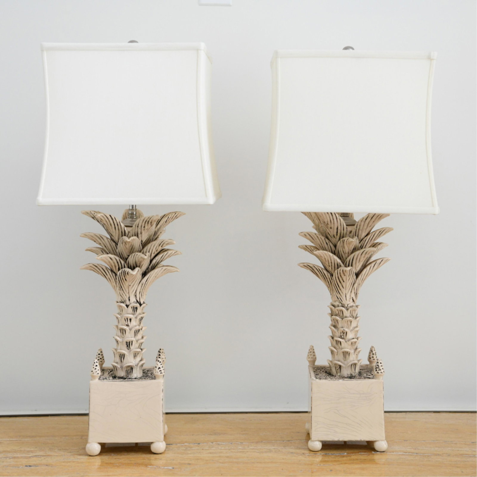 PAIR OF JEAN ROGER FRENCH CERAMIC LAMPS: Contemporary. Signed inside: handmade in France by Jean Roger. Dimensions: (Incl. shade) H 30" x W 12" x D 12" Condition: One with two base finials broken, one broken one included, other missing. Some