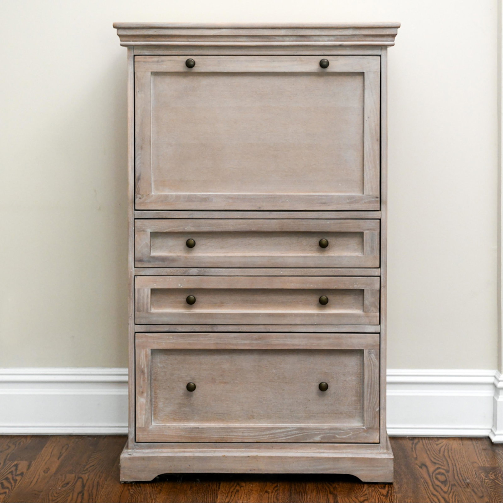 CONTEMPORARY BALLARD DESIGN DROP FRONT DESK: Labeled Ballard designs, antique pickled surface Dimensions: H 52.5" x W 32" x D 17" Condition: Slight rubbing to the corners and edges