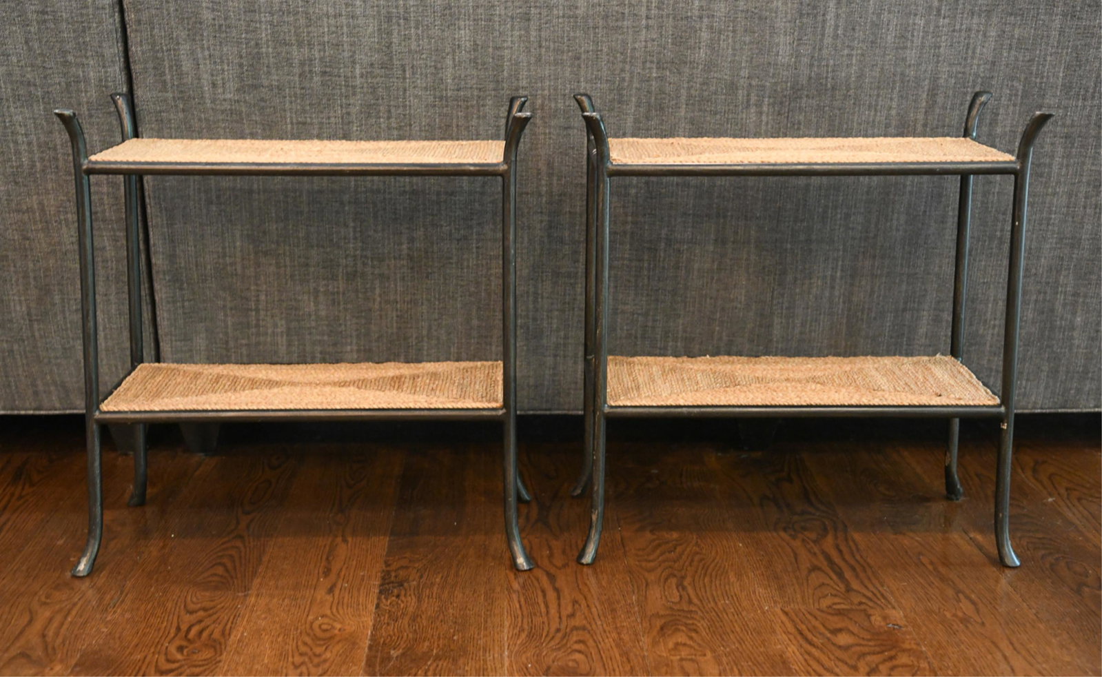 PAIR OF BERNHARDT SIDE TABLES: Metal and corded shelves Dimensions: H 26" x W 26" x D 13" Condition: Some wear to the edges