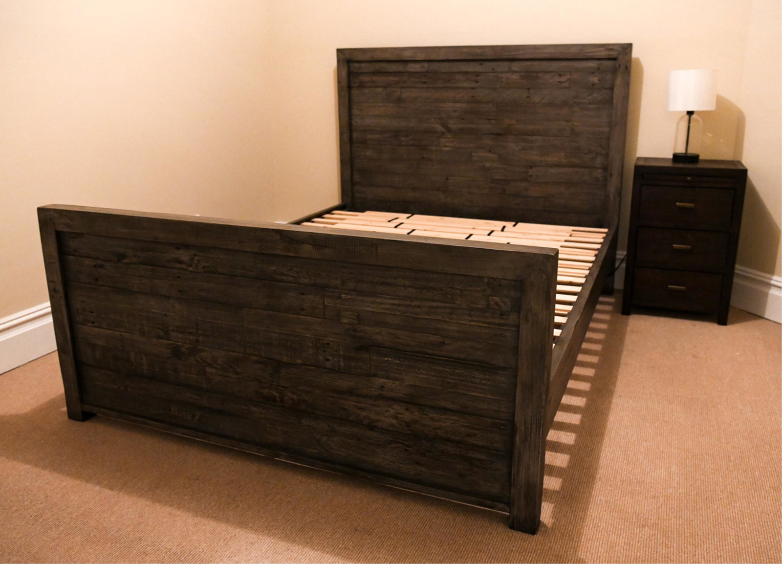 RUSTIC STYLE BED AND NIGHTSTAND: Faux antiqued wood with a rubbed blue gray surface Nightstand in a darker tone Dimensions: H 51" x W 86" x D 63.5" Condition: Small marks