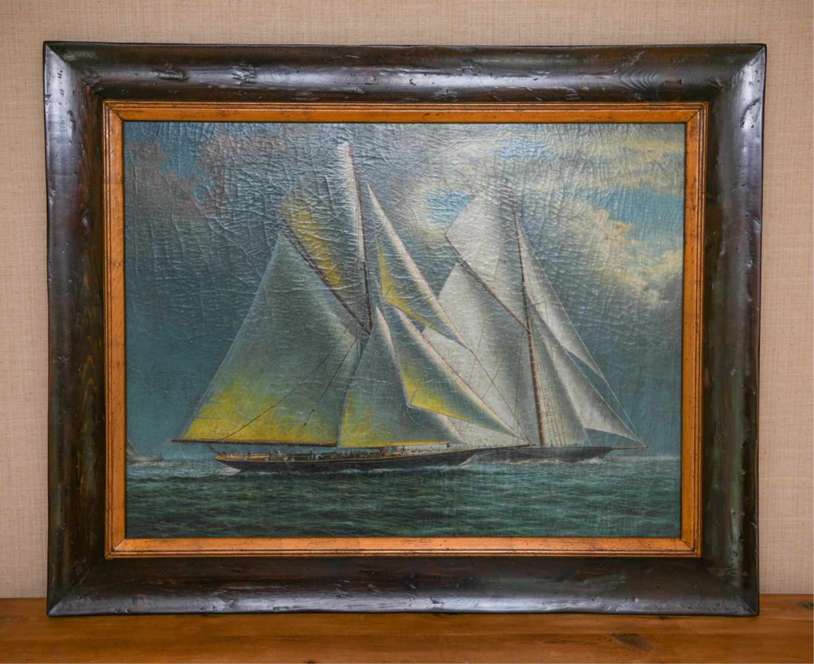 TREVOR JAMES YACHT REGATTA PAINTING: 20th Century painting. Labeled on reverse Trevor James Company. Royal Yacht Regatta, Granton, July 25, 1859. Dimensions: (Frame) H 30" x W 40"