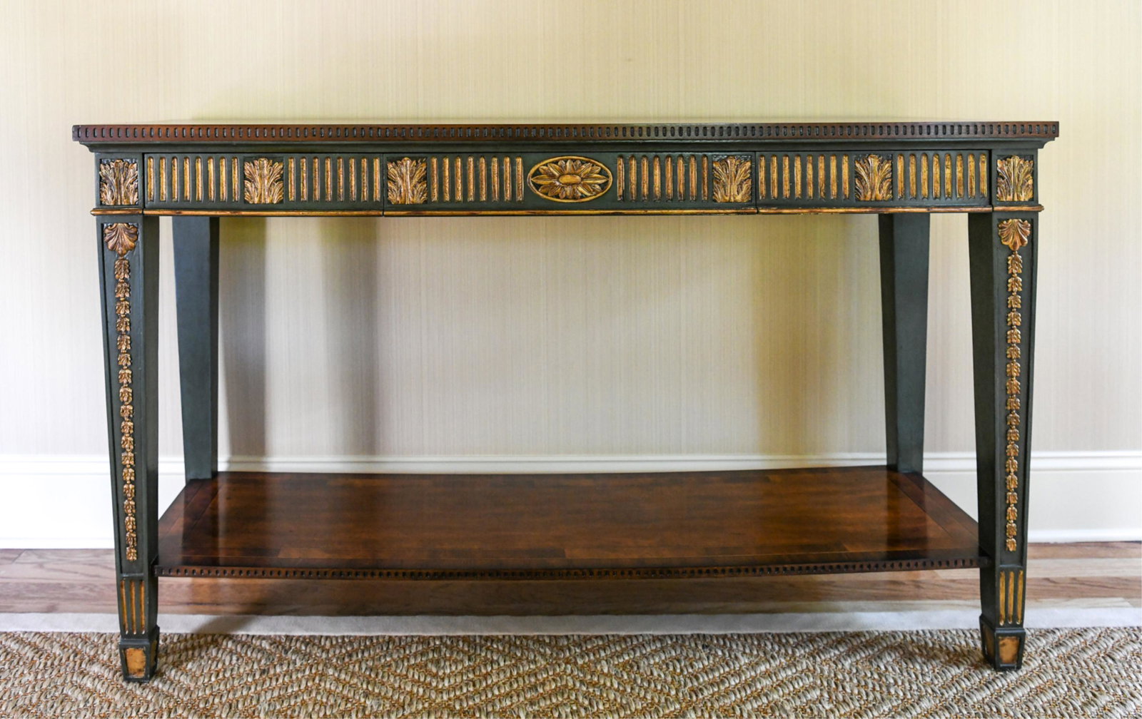 THEODORE ALEXANDER CONSOLE TABLE: Labeled in right drawer. Dimensions:H 35.5" x W 60.5" x D 19.25" Condition: Some scratches and scuffs to finish. Light paint loss.