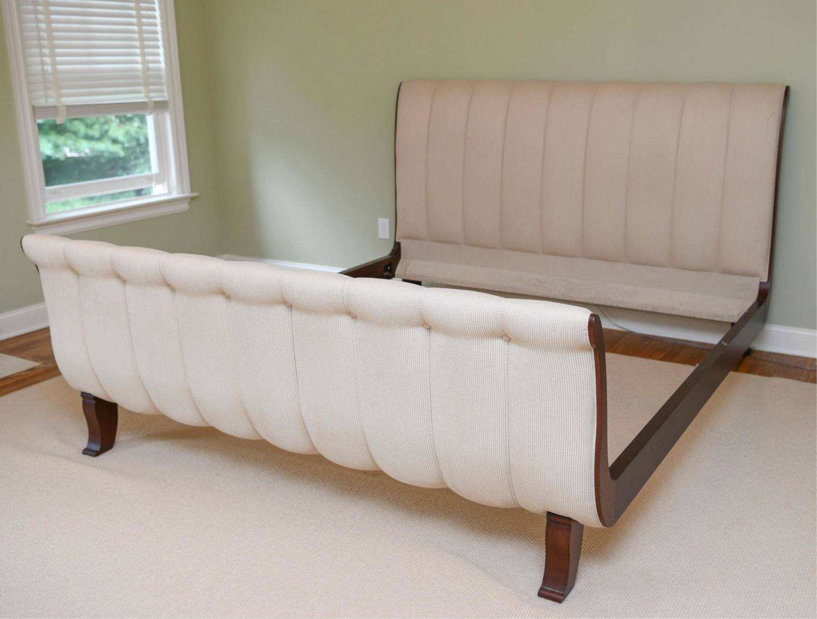 UPHOLSTERED KING SIZE BED: Dimensions: (Headboard) H 50" x W 82" x D 7" (Footboard) H 33" x W 82" x D 7"Condition: Wear consistent with use including a light horizontal stain on front fabric of headboard. Some dust at bottom fa