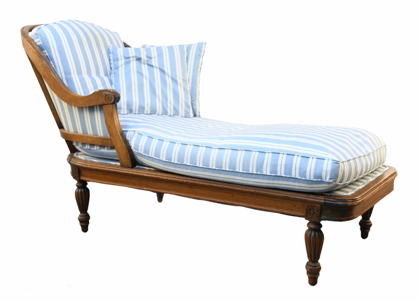CANED BACK CHAISE LOUNGE: Dimensions: H 36" x W 63" x D 27" S.H. 17.5" Condition: Some stains and fading to upholstery. Slight joint separation to arms. Rubs to finish.
