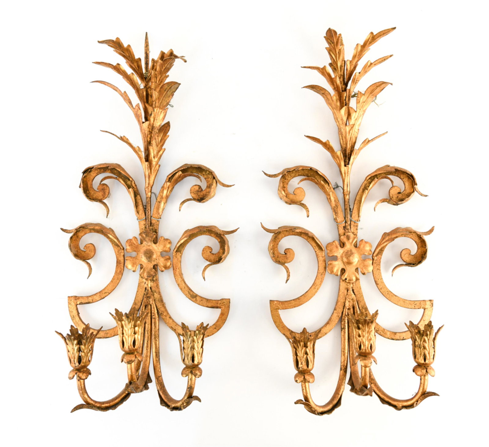 PAIR OF GILT CANDLE SCONCES: Dimensions: H 20.25" x W 10.5" x D 4.5" Condition: Wear consistent with age and use including patina to gilded surfaces.