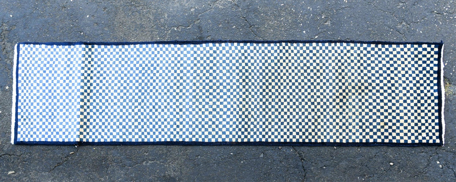 SEMI ANTIQUE PERSIAN HAND WOVEN CHECKER DESIGN RUG: Dimensions: L 121" x W 30" Condition: Wear from use including fading.