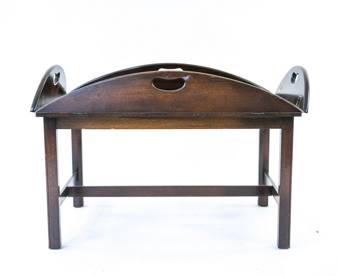 BUTLERS TRAY TABLE: Dimensions: (Sides up) H 21.25" x W 31" x D 21.25" (Sides down) H 16.5" x W 40" x D 30" Condition: Wear consistent with age and use including scratches, nicks, scuffs and watermarks.
