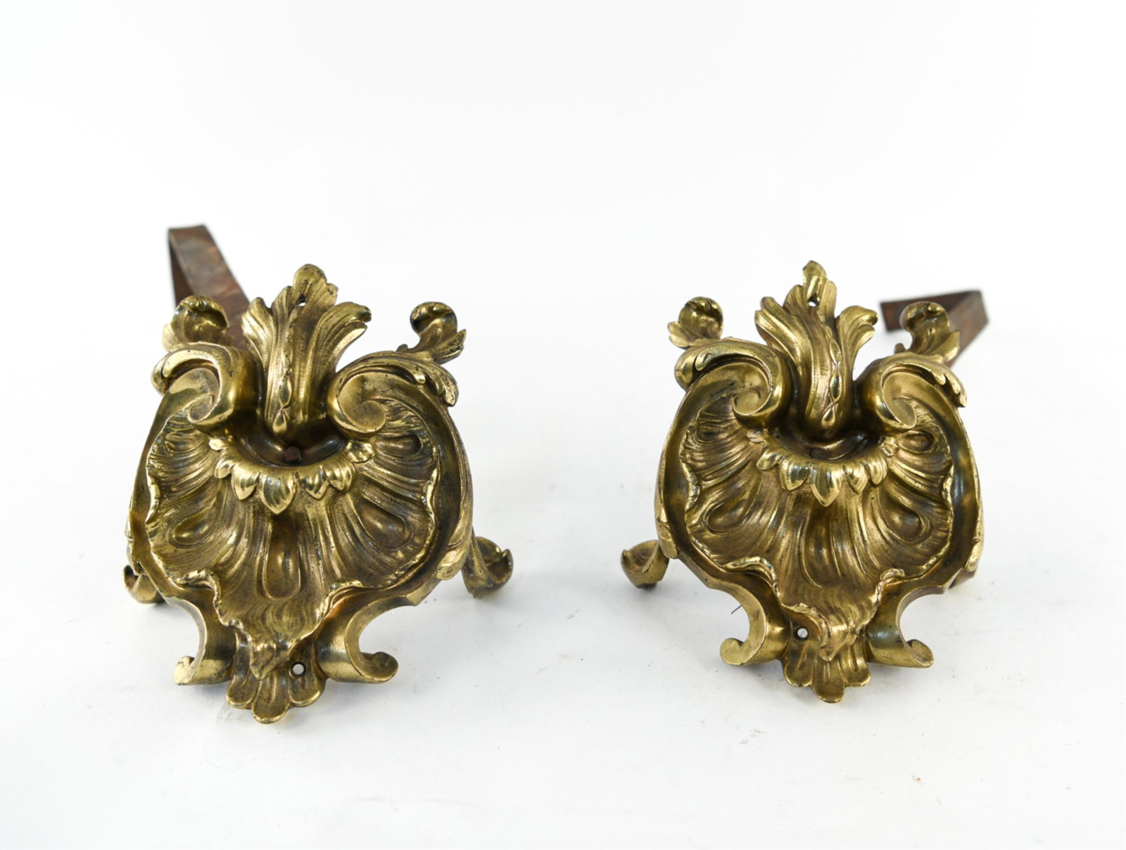 PAIR OF 19TH C. BRASS ANDIRONS: Dimensions: (One andiron) H 6" x W 7" x D 17.5" Condition: Wear consistent with age and fireplace use.