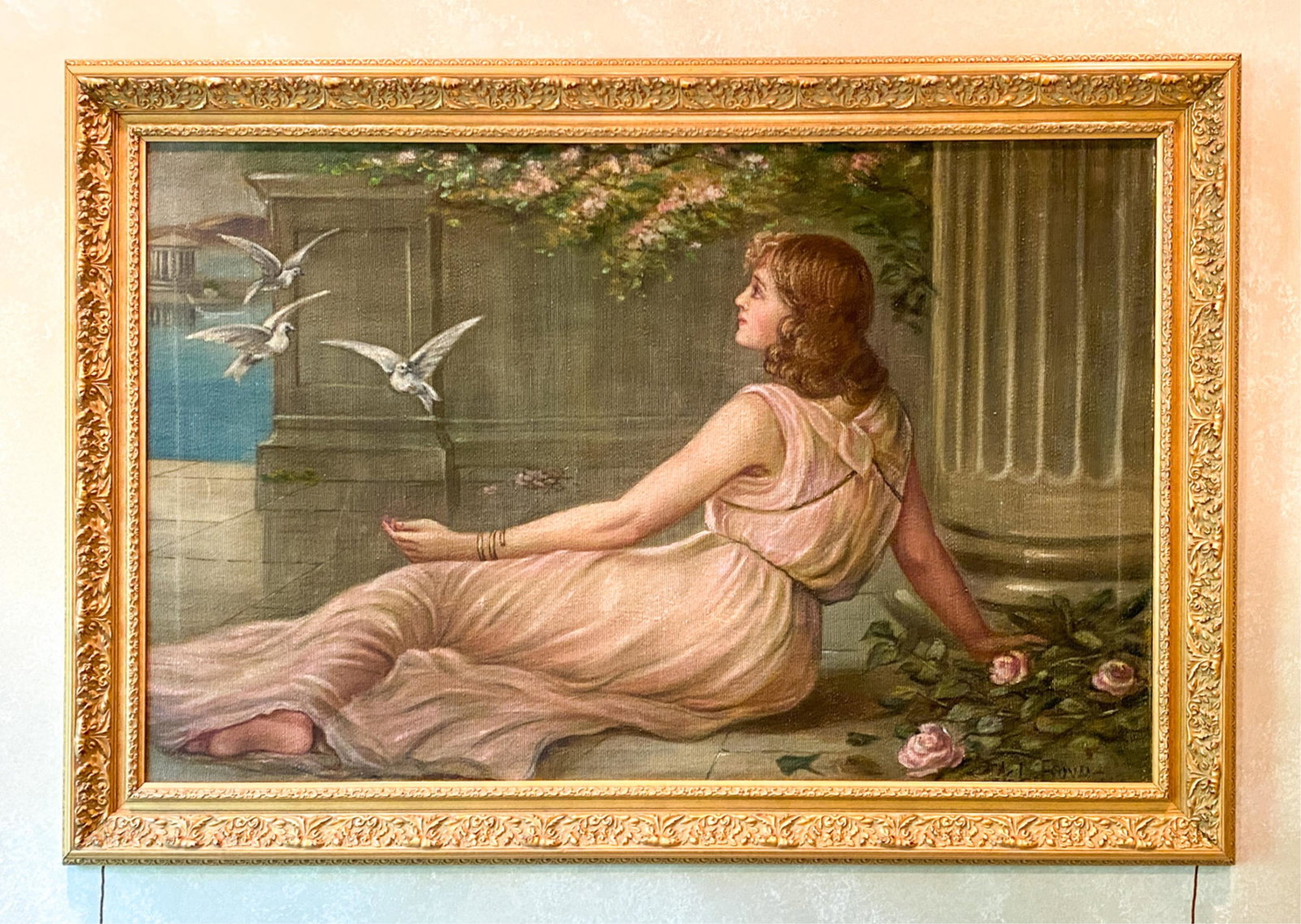 LARGE PAINTING ON FABRIC: Depicting reclining woman. Dimensions: (Frame) H 39.25" x W 57", (Sight) H 31" x W 49" Condition: Some corner separation and light wear to frame. Some slight buckling to art.