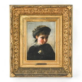 PERCIVAL DE LUCE (1847-1914) OIL ON PANEL: Portrait of a young girl. Signed upper left. Labels and wax stamped verso. Dimensions: (Frame) H " x W " (Sight) H " x W " Condition: Painting with uneven varnish. Original frame appears good