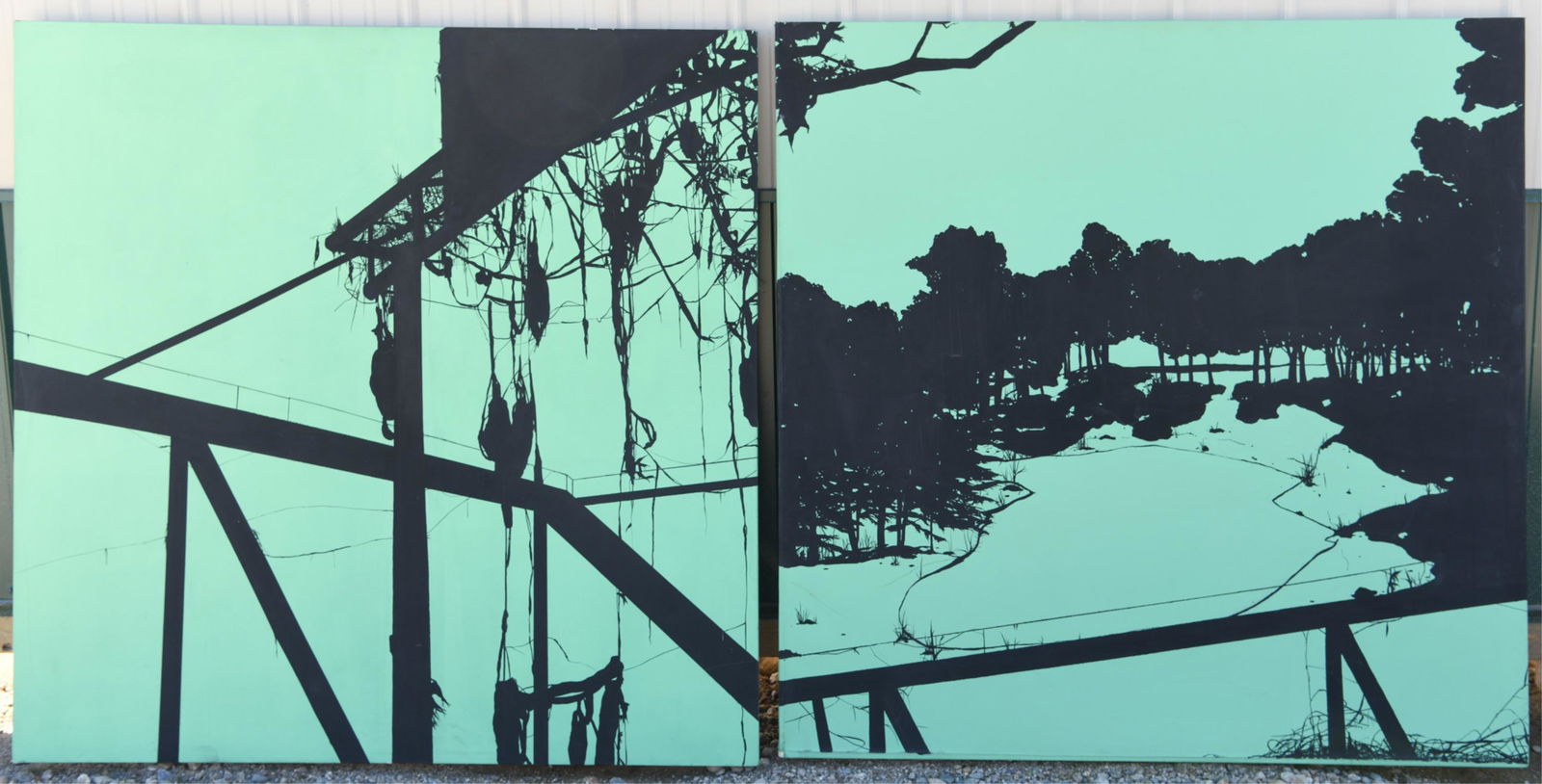 (2) LARGE SILHOUETTE O/C PAINTINGS RYAN SULLIVAN: Signed Ryan Sullivan 2005 Dimensions: H 60" x W 60" Condition: Some surface scrapes