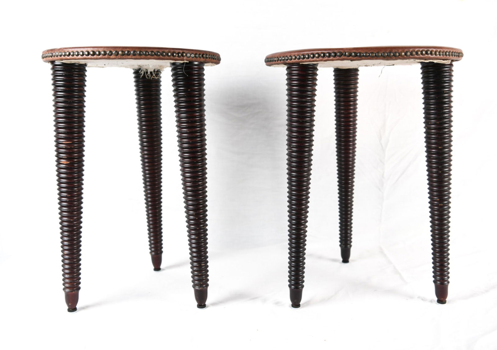 (2) THREE LEGGED LEATHER TOPPED SIDE TABLES (1 of 8)