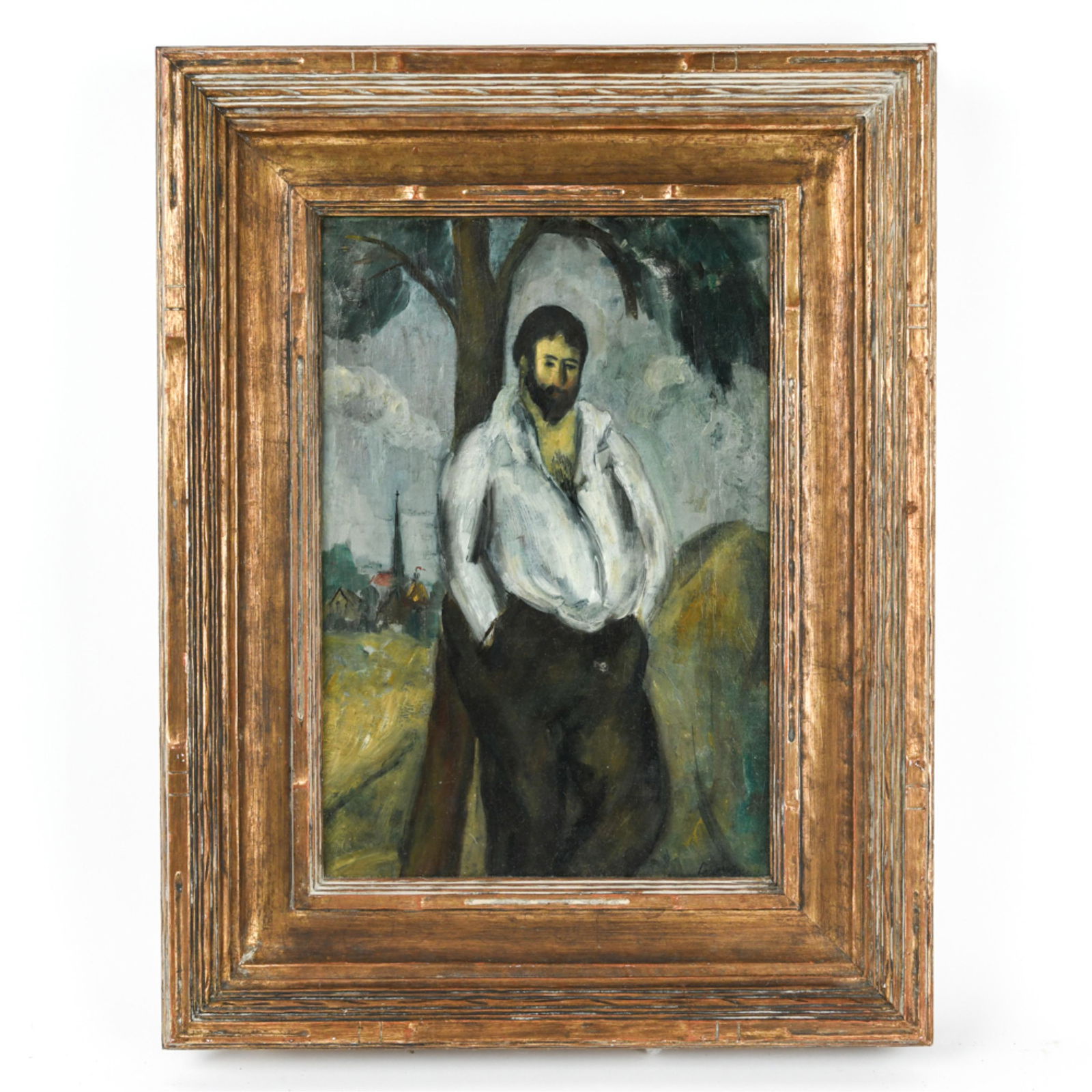 ALEXANDER BROOK 1898-1980 O/C PAINTING: Signed bottom right, modernist portrait of a man against a tree. Back of stretcher with Slander 'O Reilly galleries and Richardson-Clark gallery on verso. One dates to 1922 Dimensions: (Frame) H 29.25