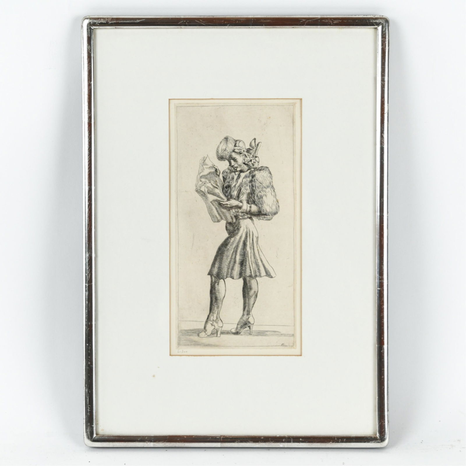 REGINALD MARSH 1898-1954 ETCHING: Girl in fur jacket reading from tabloid 1944, published in 1969. Initialed in plate, penciled number 61/500 Dimensions: (Frame) H 20.75" x W 14.75" (Sight) H 12.5" x W 6.5" Condition: Lightly aged ton