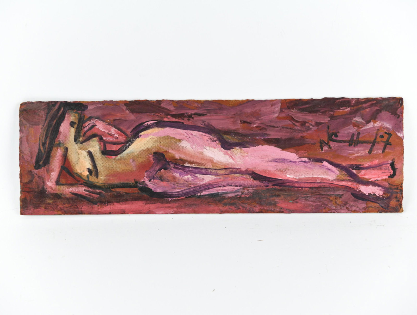 ABSTRACT NUDE O/B PAINTING: Oil on board, reclining nude. Signed and dated 2007' on right. Dimensions: (Frame) H 9" x W 29.5" (Sight) H " x W " Condition: Surface dirt