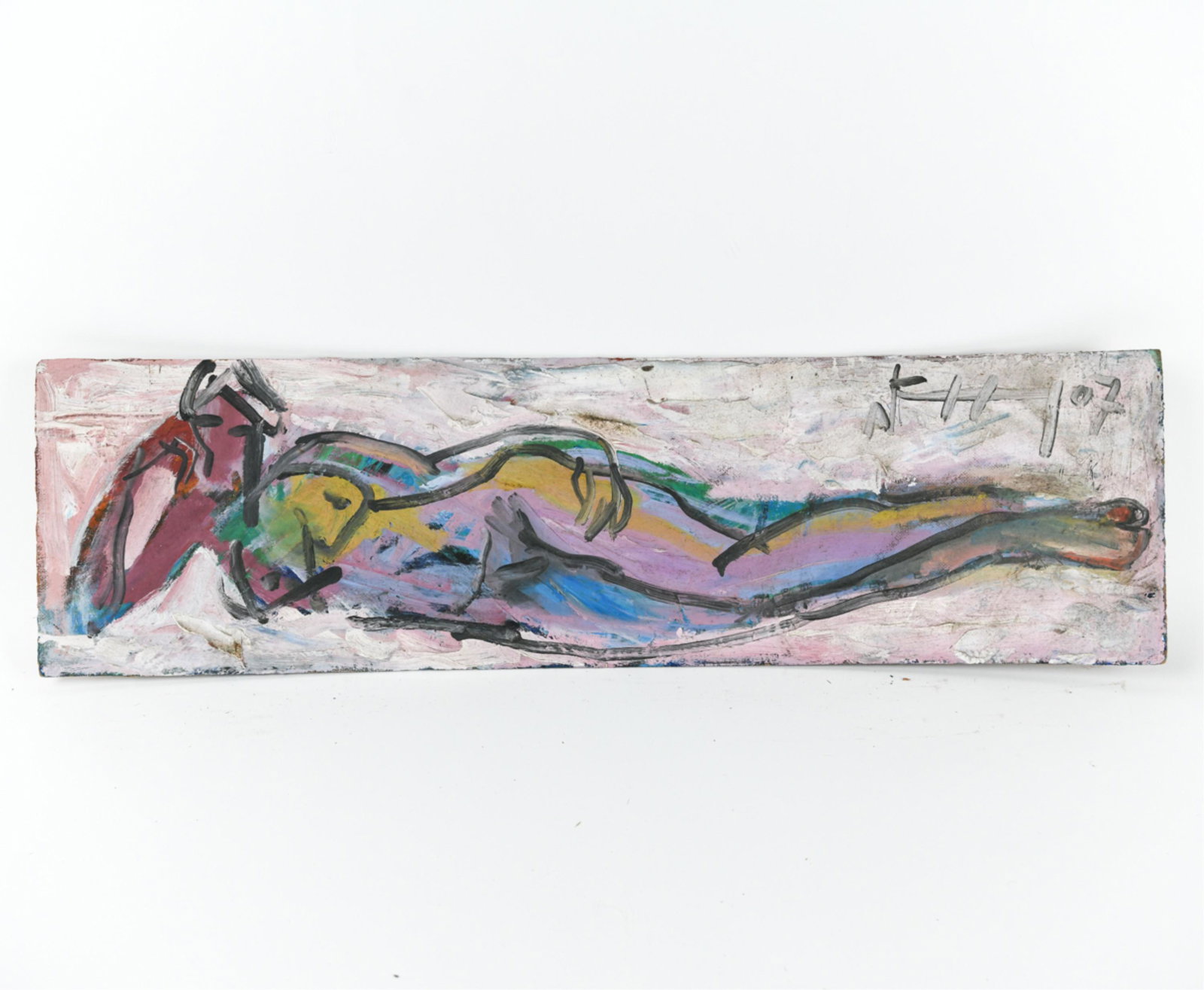 ABSTRACT NUDE O/B PAINTING: Reclining nude, oil on board. Signed and dated 2007. Dimensions: (Frame) H 10.5" x W 37" Condition: Board warped, soiling to surface.