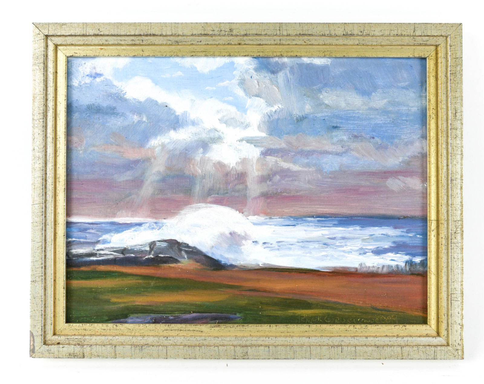 CONTEMPORARY ON MASONITE LANDSCAPE: Signed bottom right Dimensions: (Frame) H 11" x W 14" (Sight) H 8.75" x W 11.5" Condition: Surface dirt. Small losses to frame.