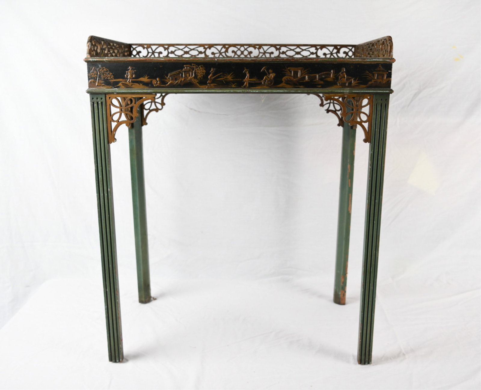 CHINORSERIE SIDE TABLE: Dimensions: H 29" x W 24" x D 13" Condition: Losses to wood and paint throughout, slightly wobbly, distresses finish on top.
