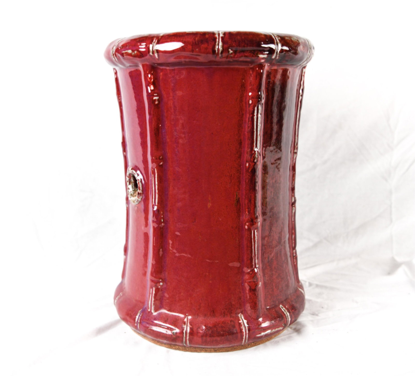 CERAMIC GARDEN SEAT: Dimensions: H 18.5" x Dia 14.5" Condition: Wear consistent with age and use including losses to glaze, chips, surface scratches and crazing.