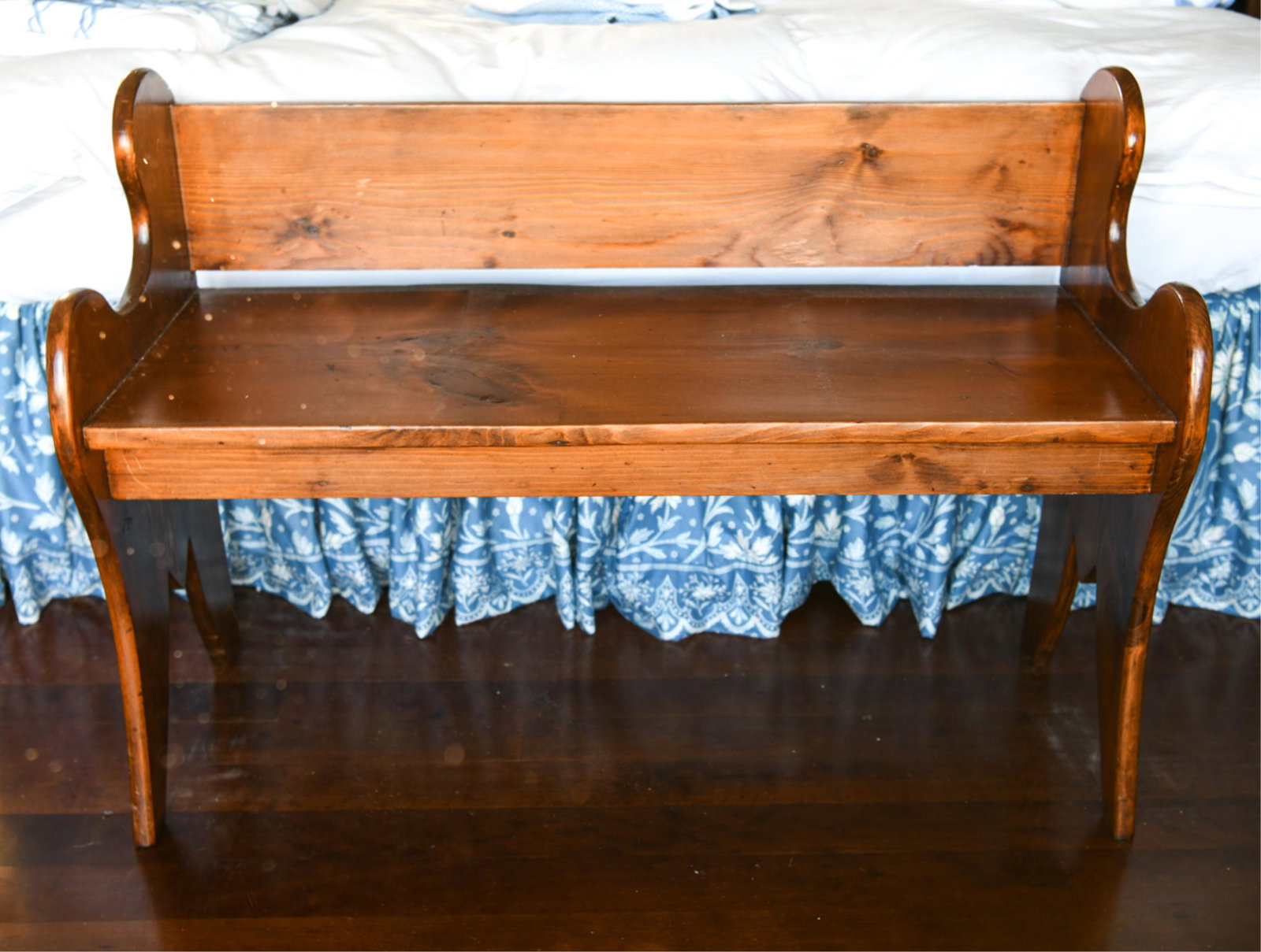 WOODEN BENCH: Dimensions: H 28" x W 39.5" x D 16" Condition: Small nicks and losses to finish.