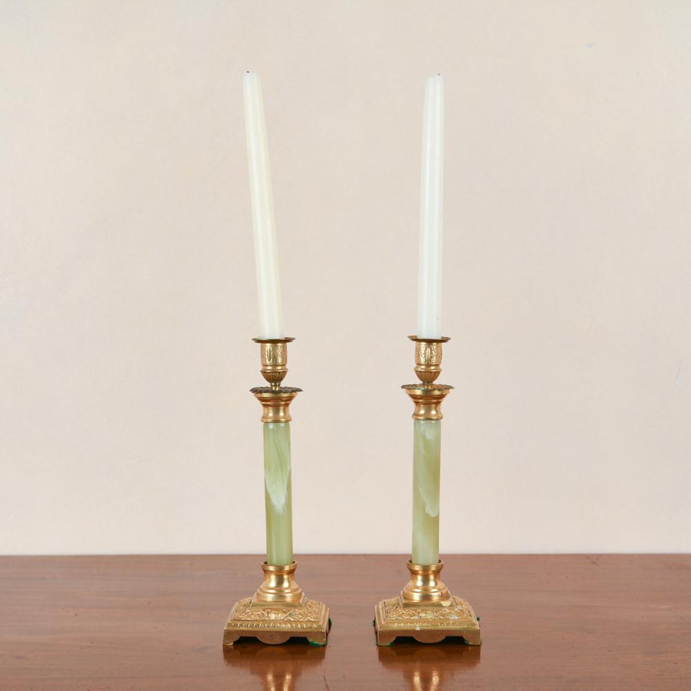 PAIR OF ANTIQUE BRASS & ONYX CANDLESTICKS (1 of 8)
