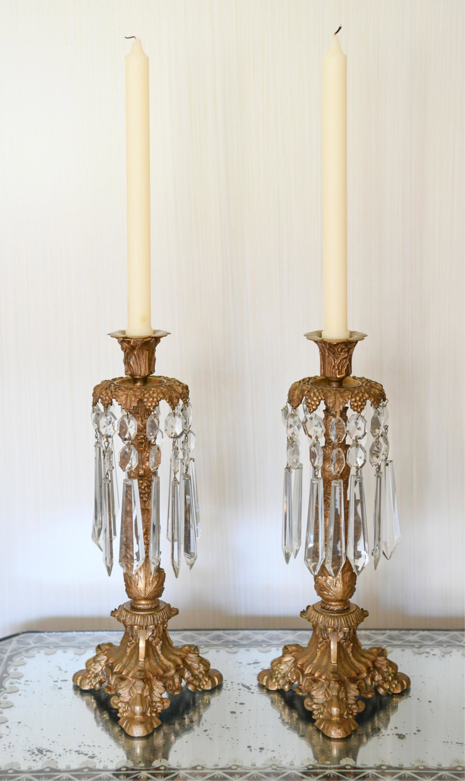 PAIR OF ANTIQUE BRASS & CRYSTAL CANDLESTICKS (1 of 13)