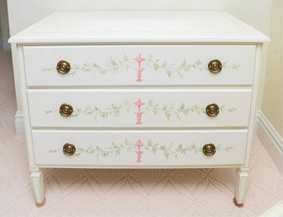 CONTEMPORARY PAINTED CHEST OF DRAWERS: Labeled in drawer: Julia Gray, Limited New York. French empire style. Dimensions: H 35" x W 44.25" x D 19.5" Condition: Signs of wear and handling including chips, losses and surface scratches.