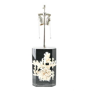 VINTAGE FRENCH LUCITE & SUSPENDED CORAL TABLE LAMP: Vintage 60s/70s resin & chrome table lamp in the manner of Pierre Giraudon. White coral specimen in clear resin with black background. Back of resin is black resin with white speckles. Beveled edge