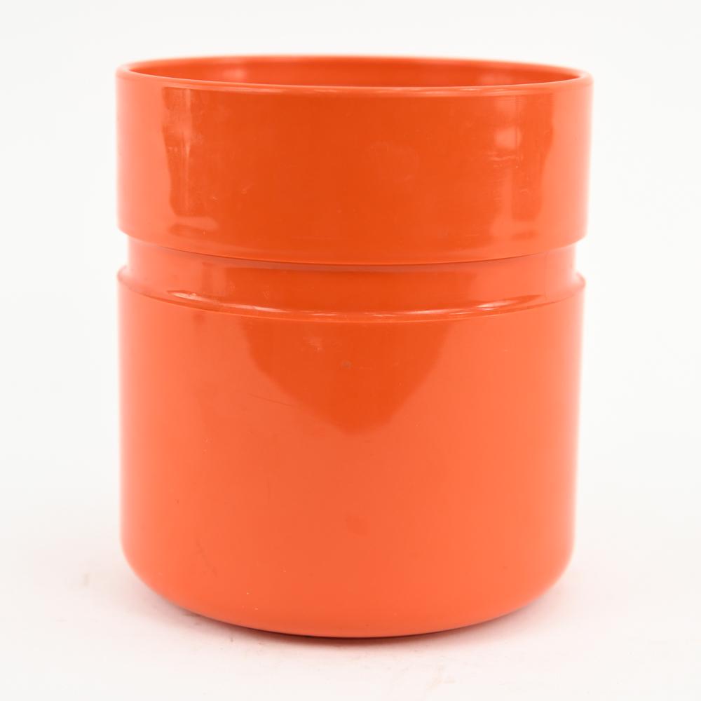 MID-CENTURY HELLER ICE BUCKET: Red plastic. Dimensions: H 8" x Dia. 7" Condition: Some surface wear.