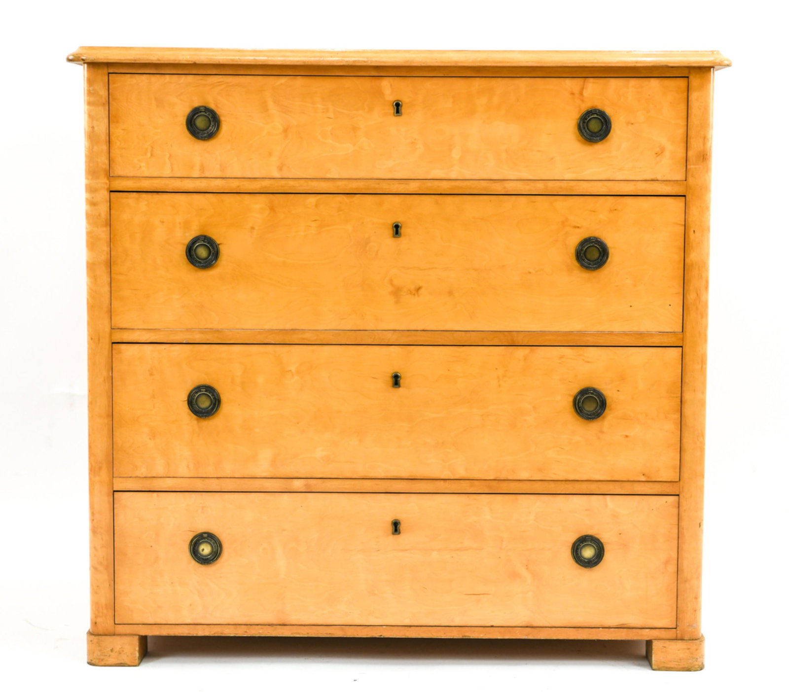 EARLY 20TH C. BIRCH DRESSER: Four drawer, with classical hardware. High finished surface. Dimensions: H 35.5" x W 36.5" x D 21" Condition: A few scattered surface scuffs.