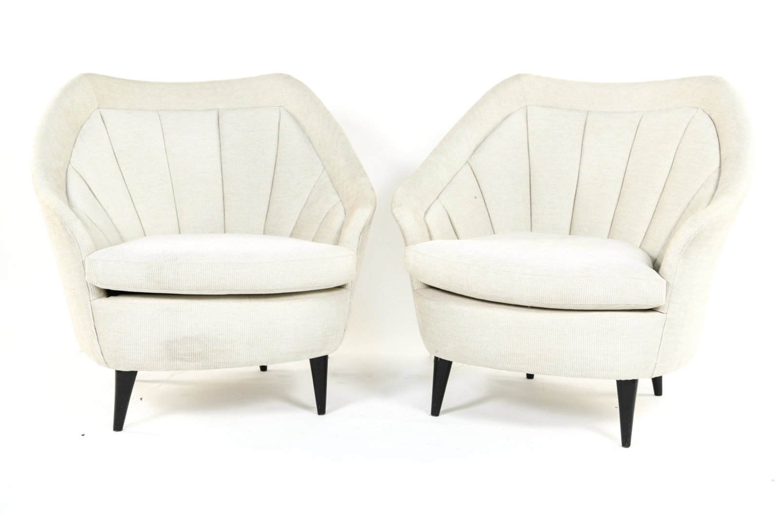 ADRIAN PEARSAL STYLE LOUNGE CHAIRS: USA 1960s. Enameled wood and channeled upholstery. Unsigned. Dimensions: H 33" x W 32" x D 27" SH 16" Condition: Restored including refinished legs and recovered upholstery. Overall good condition.