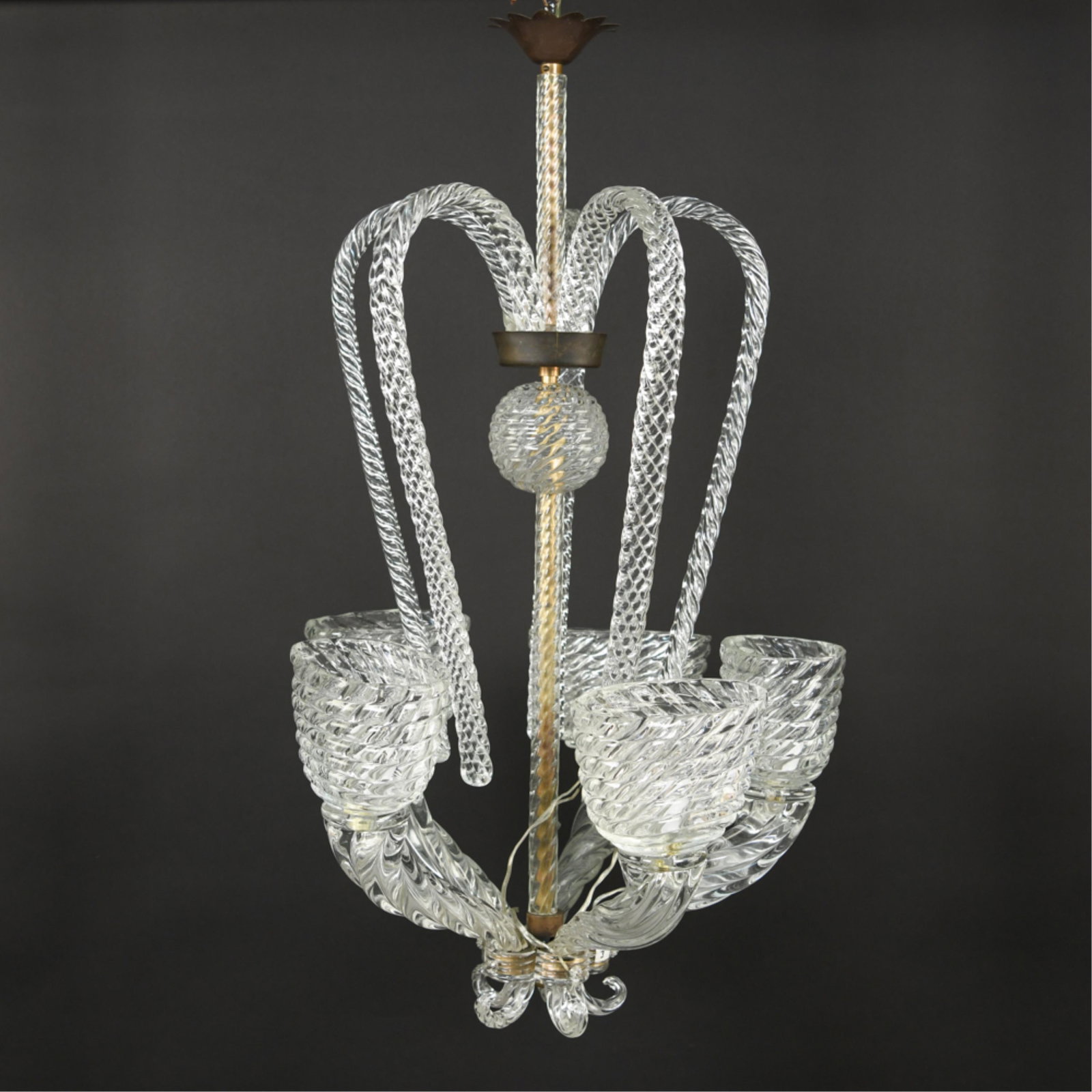 BAROVIER TOSO ITALIAN GLASS 5 ARM CHANDELIER: Clear glass with brass. Dimensions: H 40" x W 28" x D 28" Condition: NO breaks to glass. Needs wiring completed. Untested.