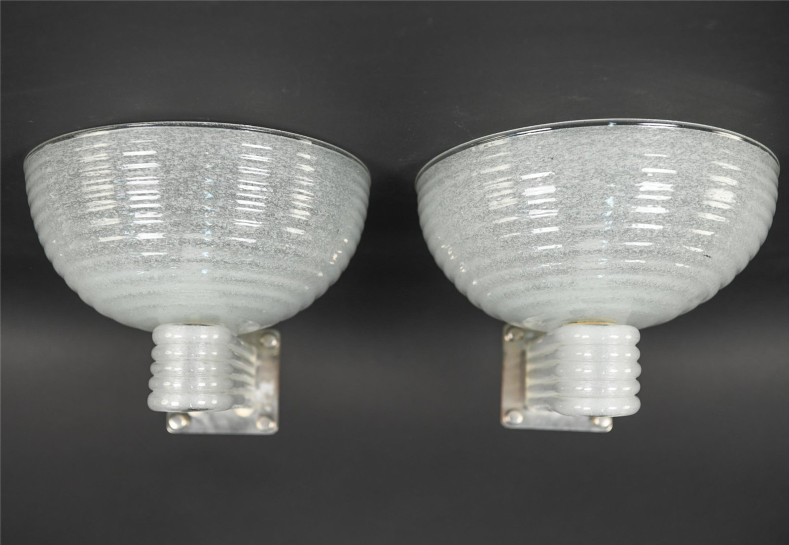 VINTAGE BAROVIER & TOSO ITALIAN GLASS SCONCES: Italy 1960s. Nickeled brass and Pulegoso glass. Dimensions: H 12" x W 7" x D 10" Condition: Not tested. Some oxidation and finish loss to nickel. Good overall condition.