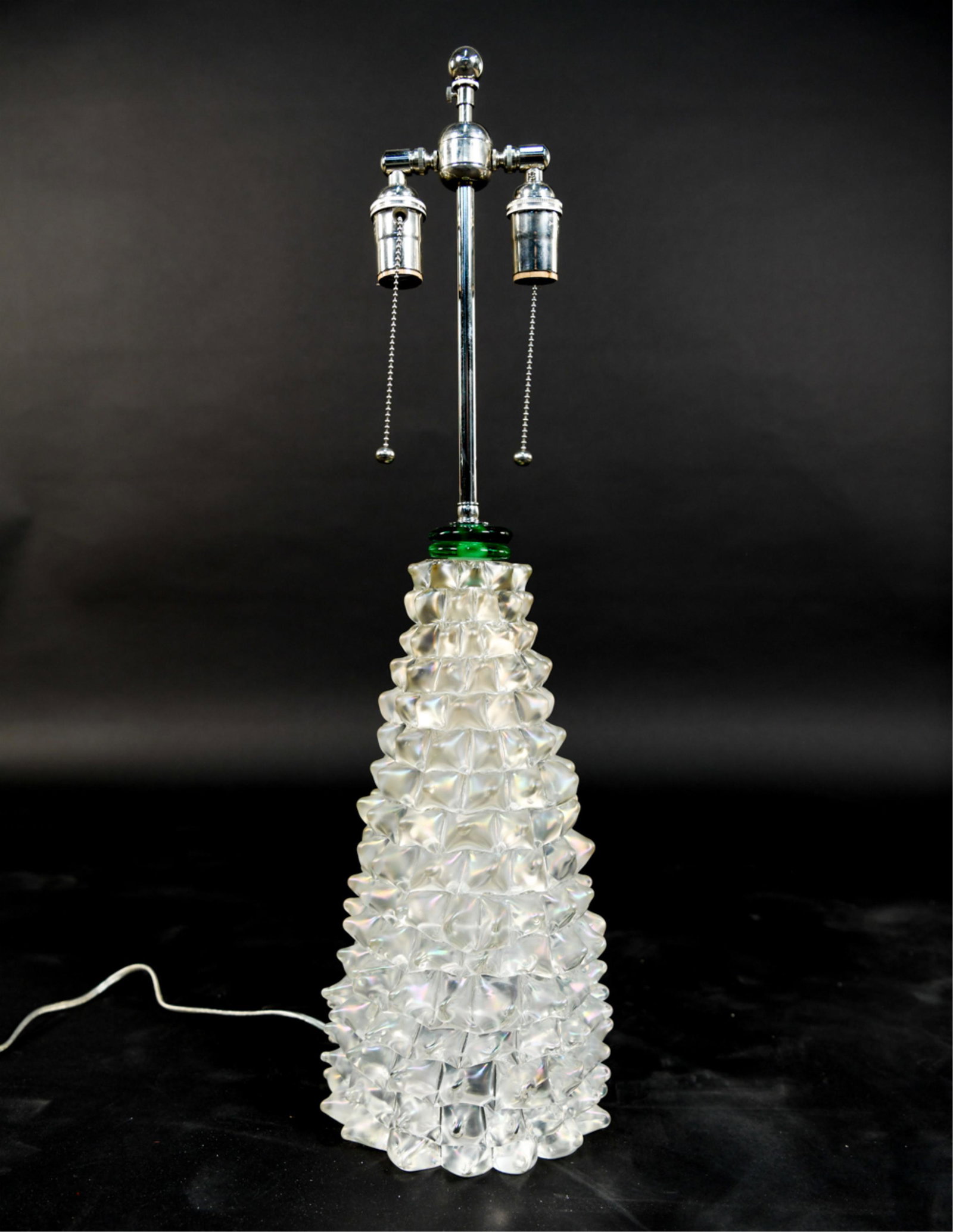 BAROVIER AND TOSO ROSTRATO TABLE LAMP: Italy. Iridescent and green glass. Nickeled brass hardware. Unsigned. Dimensions: H 30" x D 9" Condition: Very good condition.