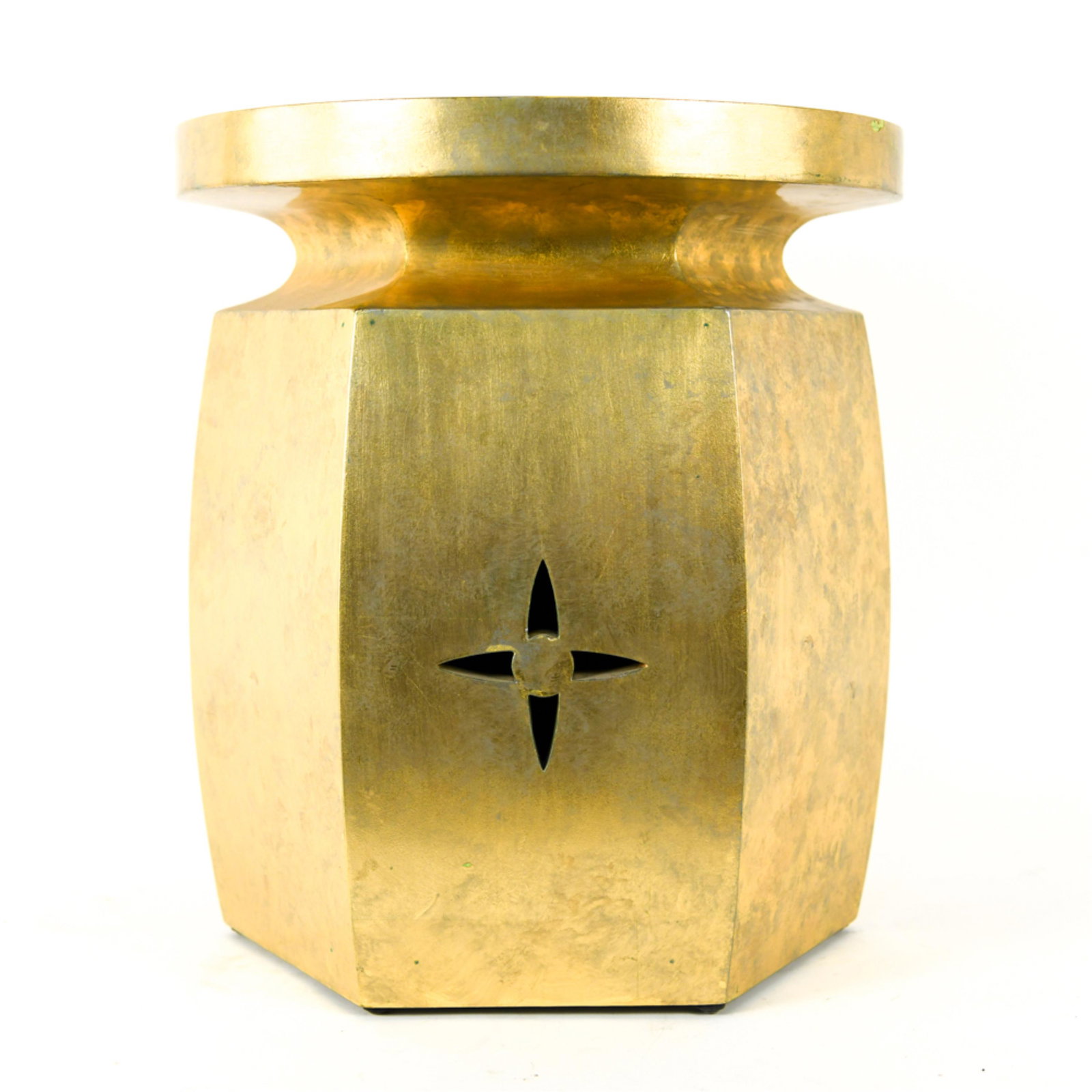 DESIGNER "PAGODA" STOOL: Poly-chromed wood. Moongold finish. Dimensions: H 18" x D 16" Condition: Few areas of small finish loss. Light scratches. Good overall condition.