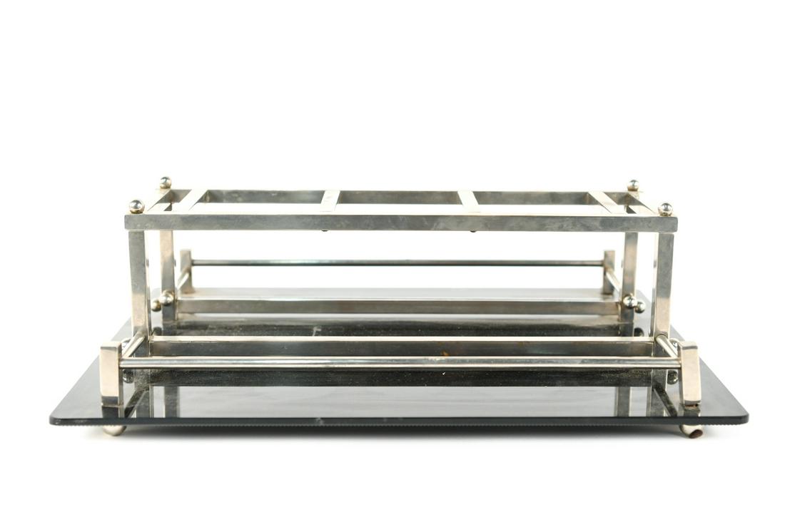ITALIAN COCKTAIL TAUNTALUS TRAY: Smoked glass with nickeled brass cocktail tray. Dimensions: H 5.5" x W 17.75" x D 13.5" Condition: Light scuffs and scratches throughout.
