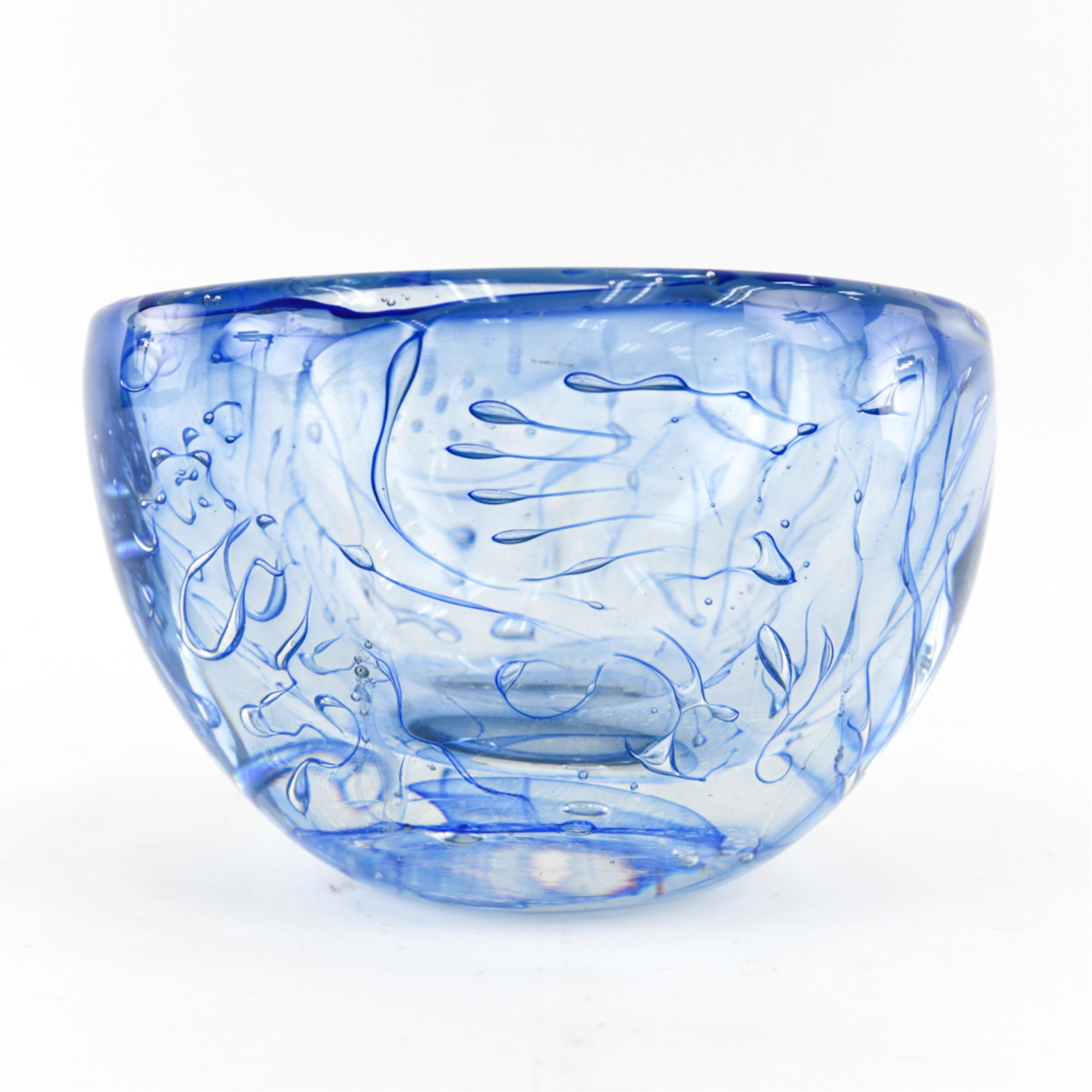 ANDRIES DIRK COPIER FOR LEERDAM UNICA BOWL: Unusually large size. Blue art glass bowl, signed under. Dimensions: H 7" x W 9.5" x D 7.5" Condition: One very small flea bite to bottom edge.