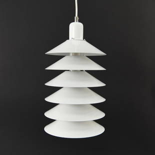 JORGEN GAMMELGAARD 6 TIER PENDANT LAMP: Vintage 80s 6 tiered "Tip Top" pendant lamp designed by Jorgen Gammelgaard for Pandul. Denmark. 1970's Made of white enameled aluminum, plastic. Dimensions: H 15" x D 7.25 Condition: Very good . A few