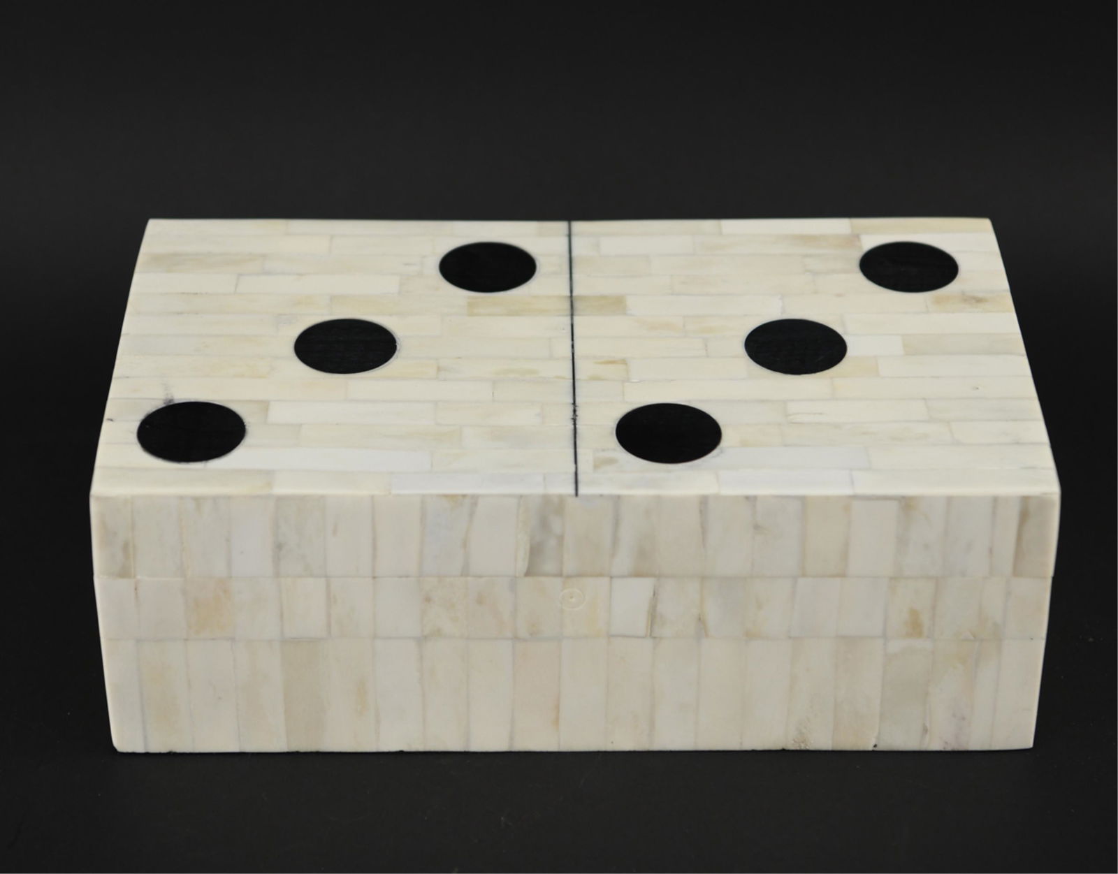 MANNER OF ENRIQUE GARCEL DOMINO BOXES: Two boxes, the black fitting inside the white box.Dimensions: (Larger) H 4.5" x W 13" x D 7.25"Condition: Light wear consistent with age and use.